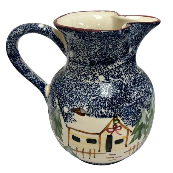 Unbranded Other - Vtg Blue Sponge Hand Painted Winter Cabin Scene Trees House Handled Pitcher Vase
